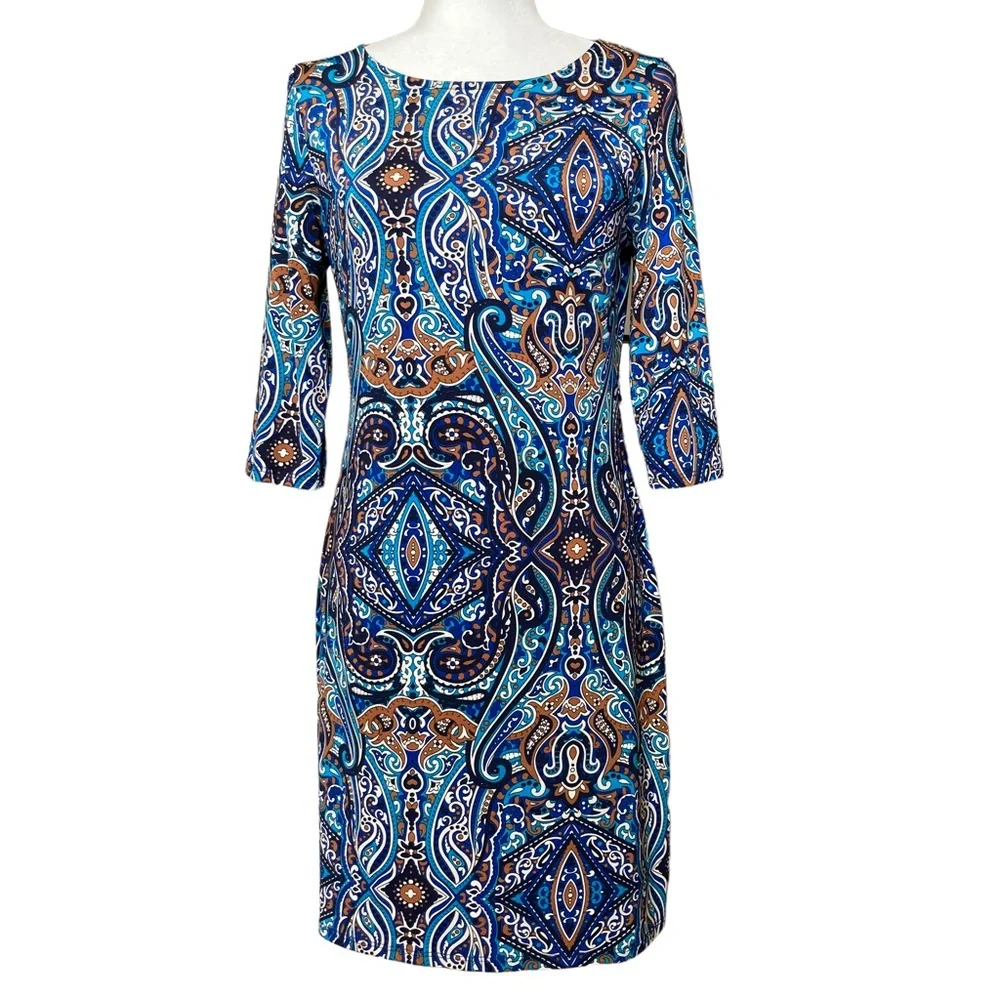 Gilli quarter length sleeves blue paisley print shift dress - Picture 1 of 15